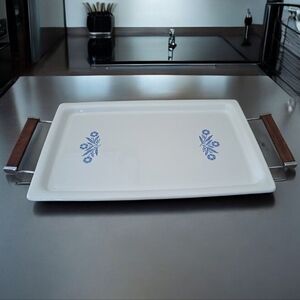 Vintage Corning Ware Cornflower Broil Bake Serving Tray With Metal Holder P-35-B